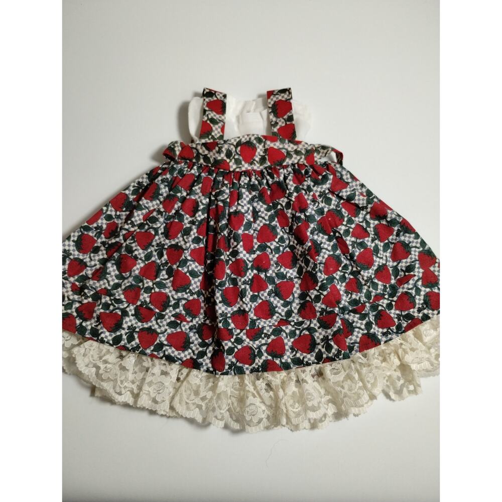 Vintage Doll Apron Dress -Strawberries - over White Slip Dress - 12" Tall